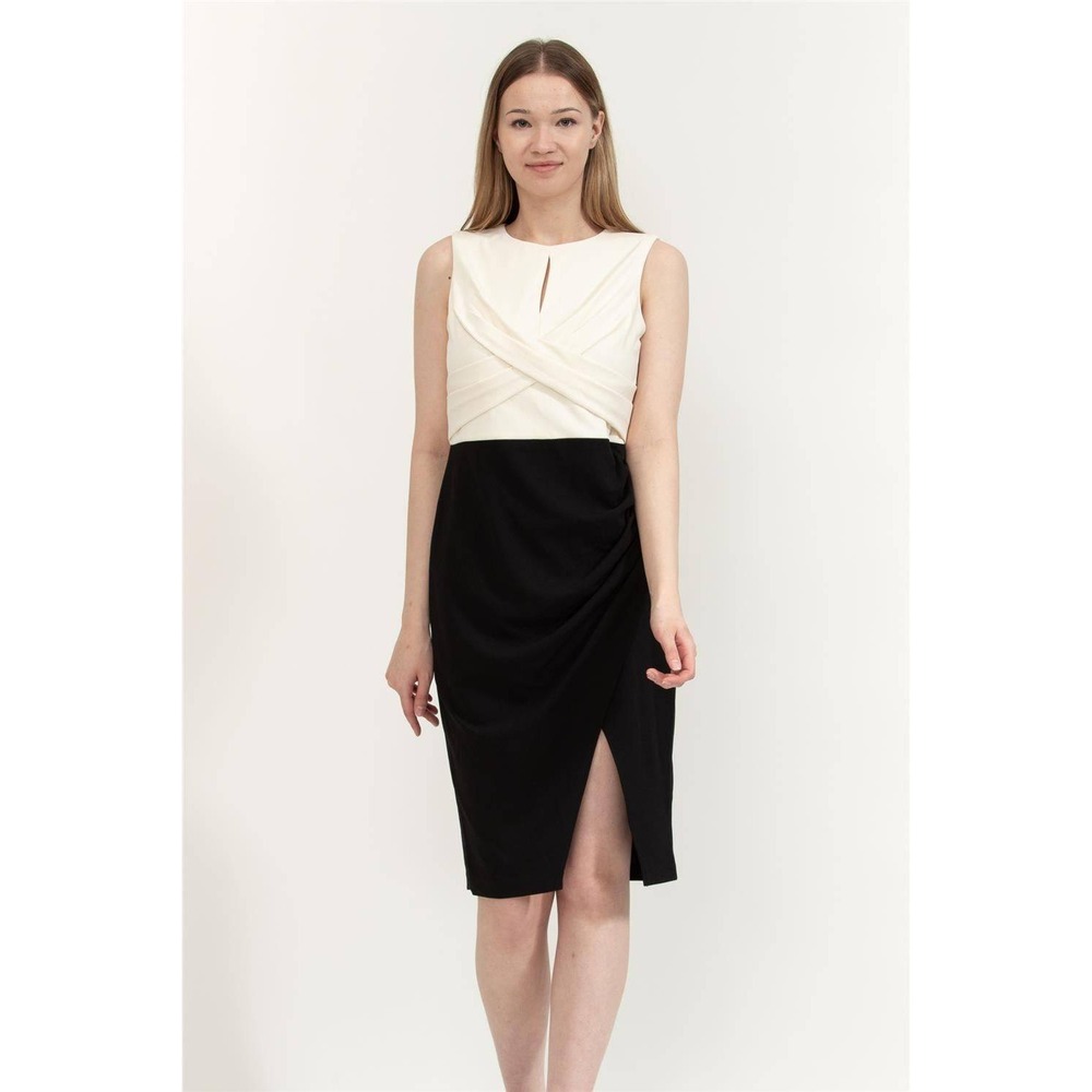 DKNY Colorblock Sheath Dress Womens 18W Cream Black Twist Front Keyhole Slit